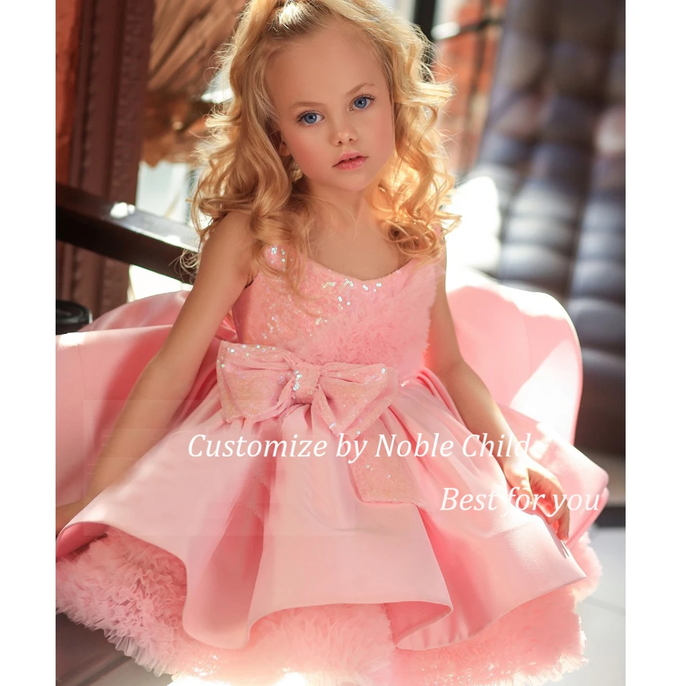 

Fashion Baby Pink Scoop Tutu Flower Girl Dresses 2023 Winter Sleeveless Sequined Christmas Gown with Bow فساتين اطفال للعيد2022