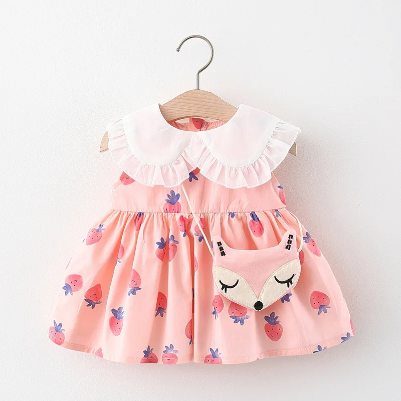 

Summer Kids Girls Toddler Dress New Spring Sleeveless Lace Collar Strawberry Cartoon Free Fox Diagonal Bag 2 3 4 5 6 Years