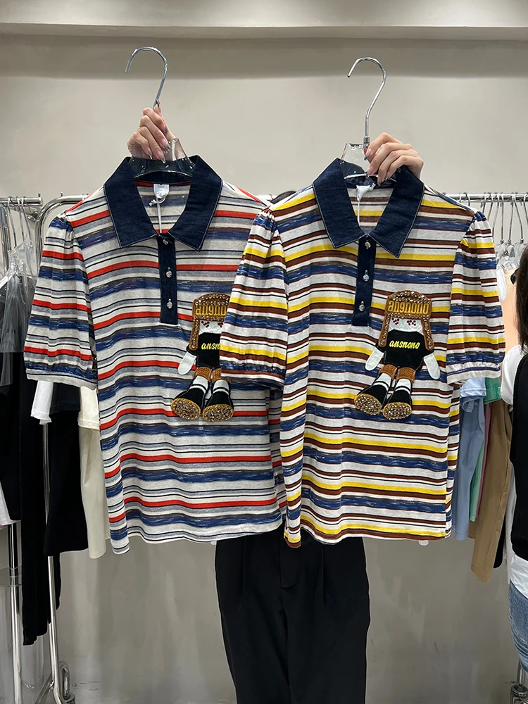 

Colorblock Turn-down Collar Striped Women Knitted Top 2022 New Summer Trendy Embroidery Cartton Diamond Short Sleeve Knit Tees