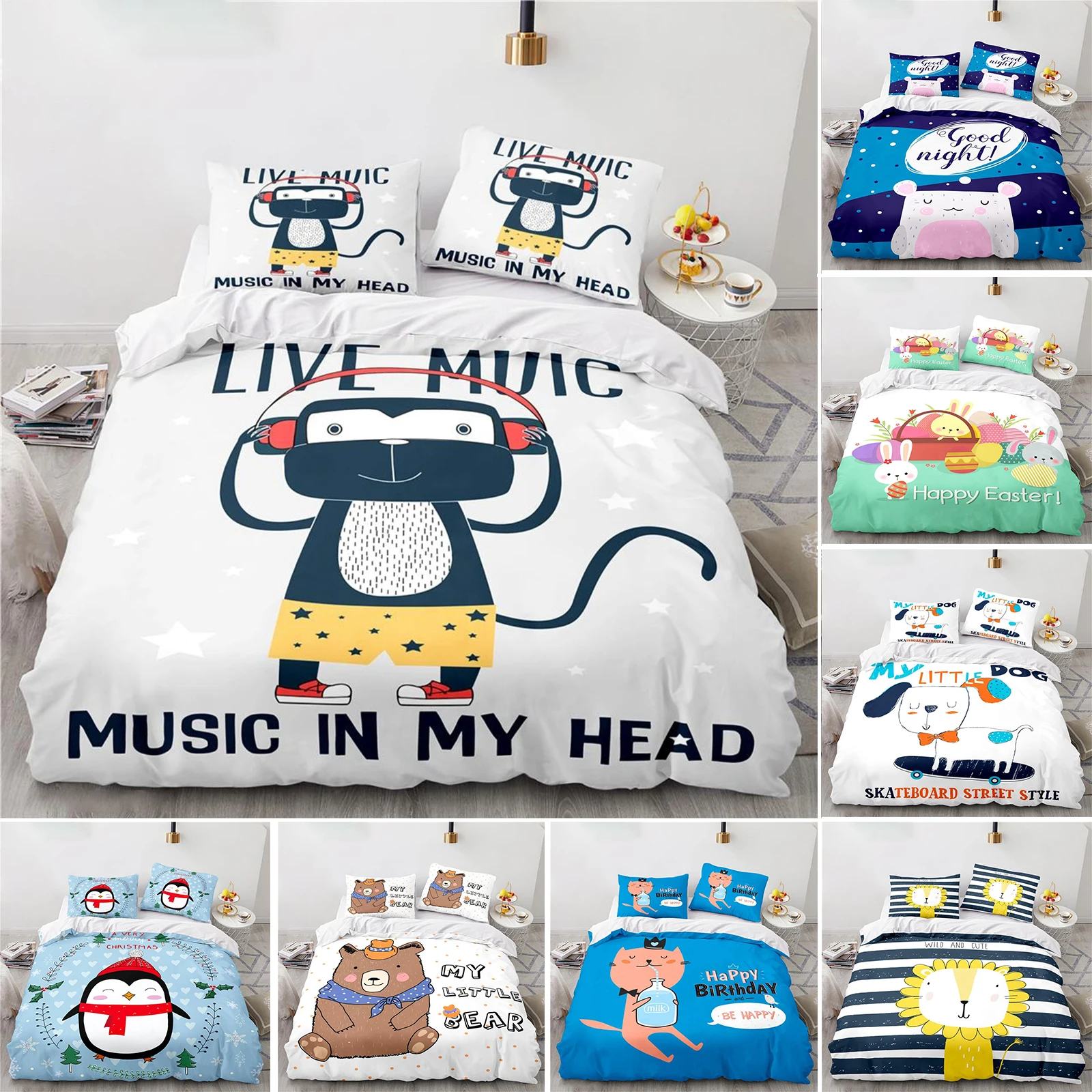 

Комплект постельного белья с 3D принтом музыкальной обезьяны, пододеяльник с мультяшным рисунком, 3 шт., двойной, полный, Королевский, Королев...