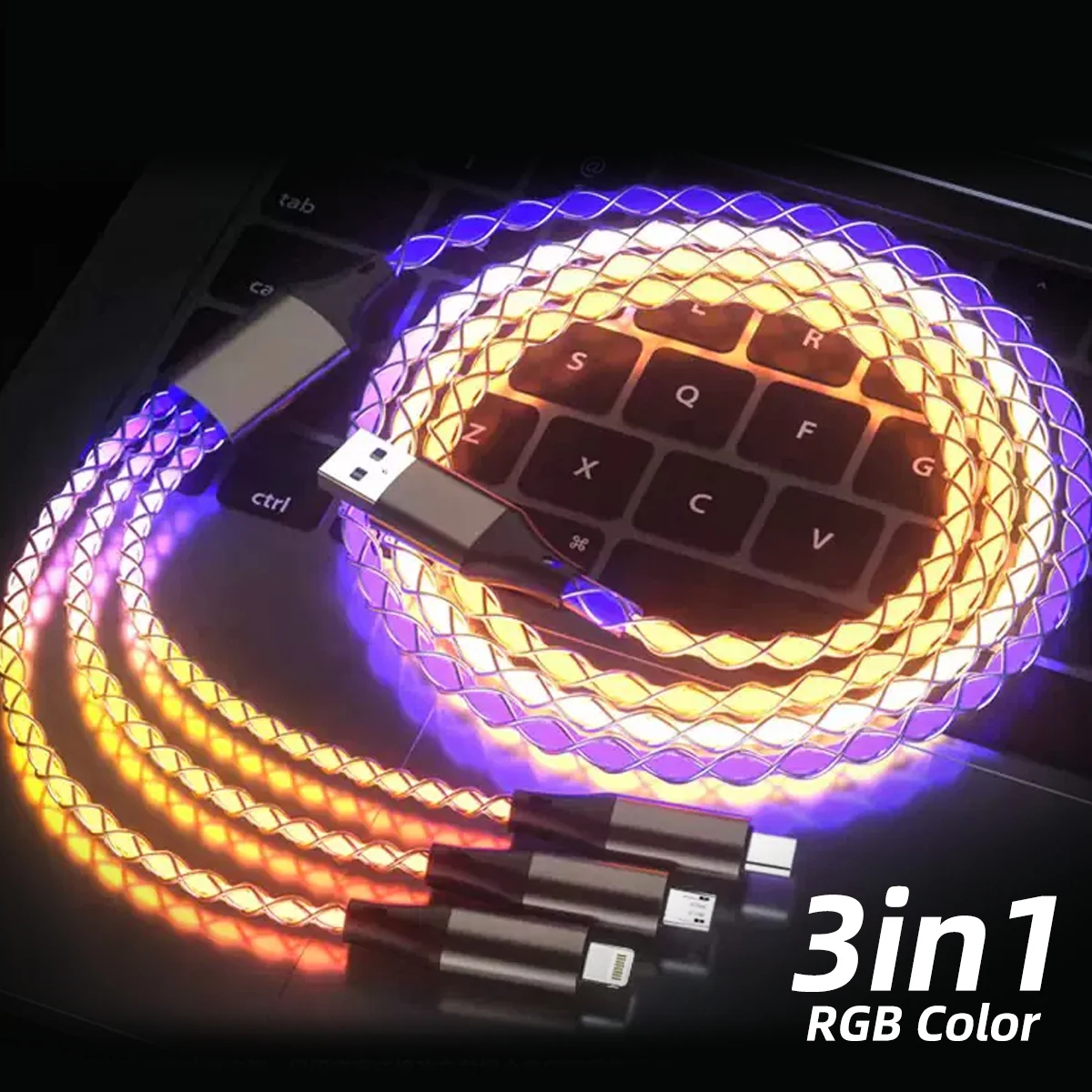 

3-IN-1 6A Super Fast Charging Cable Type-C Micro USB Charger Cable Flow Colorful Glow LED Data Line For iPhone Android Xiaomi