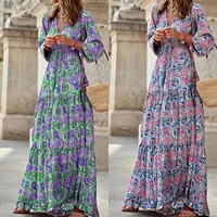 europe and the united states 2022 autumn new long sleeved polyester temperament v neck bohemian print holiday swing dress women