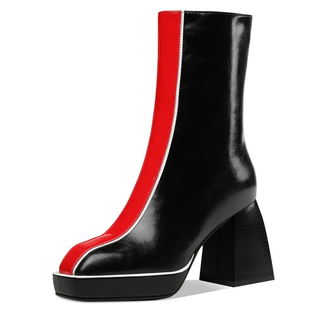 Square Toe Thick Heel Colorblock Boots 