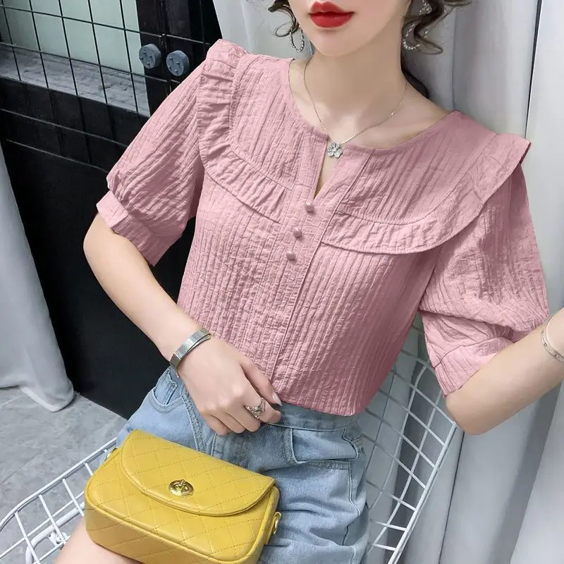 Женская шифоновая рубашка с коротким рукавом и V-образным вырезом