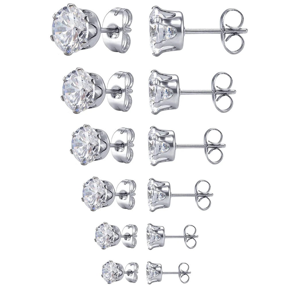 

6 Pairs 2021 Fashion Jewelry Women's Stainless Steel Round Clear Cubic Zirconia Stud Earrings 3-8mm