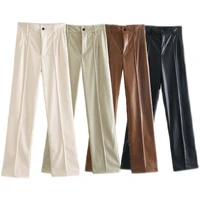 womens chic pu leather pants spring autumn high waist straight imitation leather pants lady high waist solid color long pants