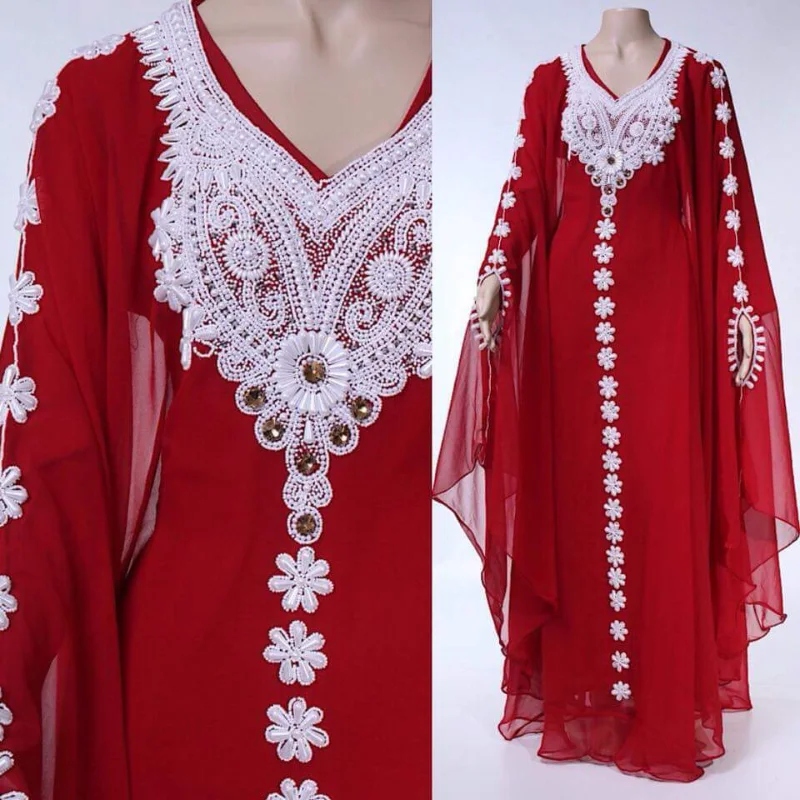 

Red Maroon Farasha Kaftan Fancy African Dubai Abaya Cafan Dress Fashion Trends In Europe and America