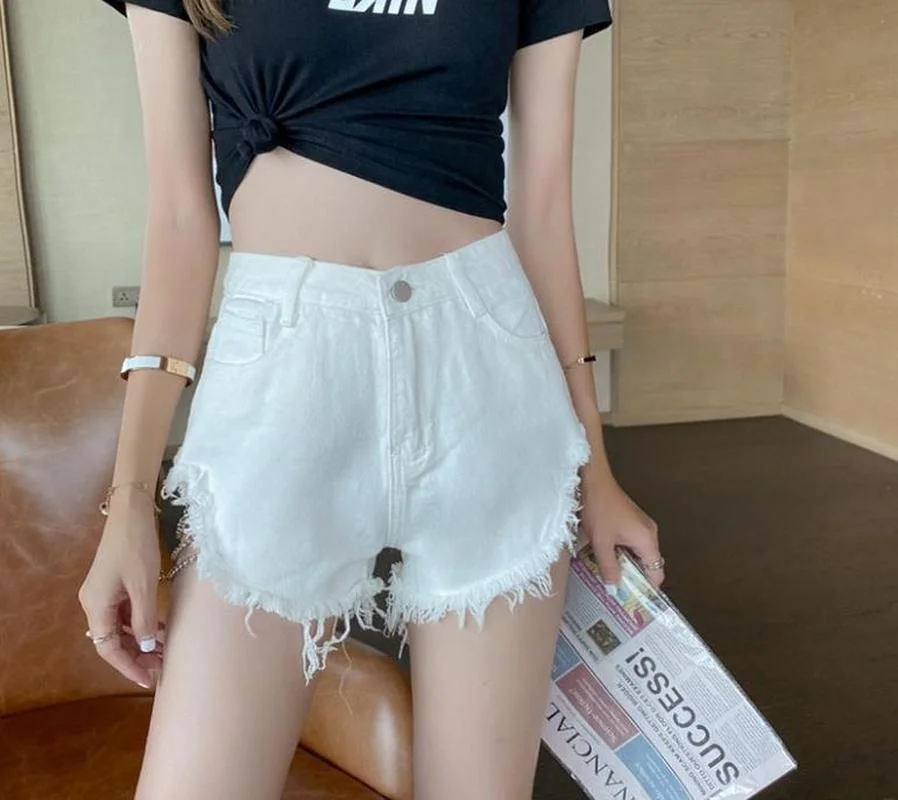 2021 New Streetwear Fringed Denim Shorts Women's Hem Sexy Blue Ripped Short Jeans High-waist Lace-up Skinny Summer Women's