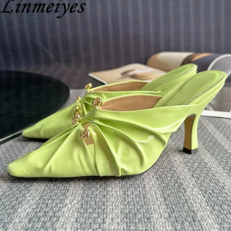 

Summer High Heels Slipper Women Pointed Toe Mules Genuine Leather Pleated Runway Shoes Female Metal Decoration Slides Woman