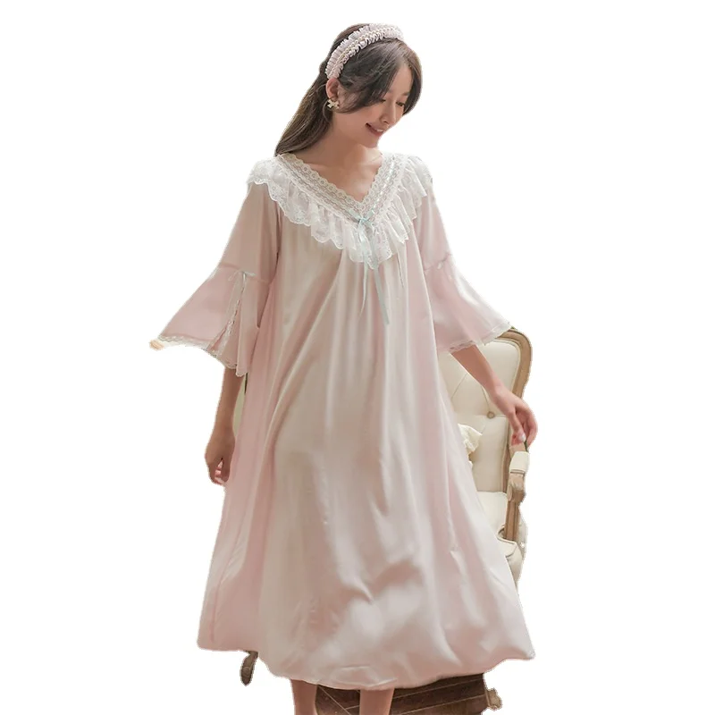 Spring 2022 New Retro Palace Style Nightgown Women's Cotton Lace Princess French Nightdress Long Lady Sleepwear Nightwear
