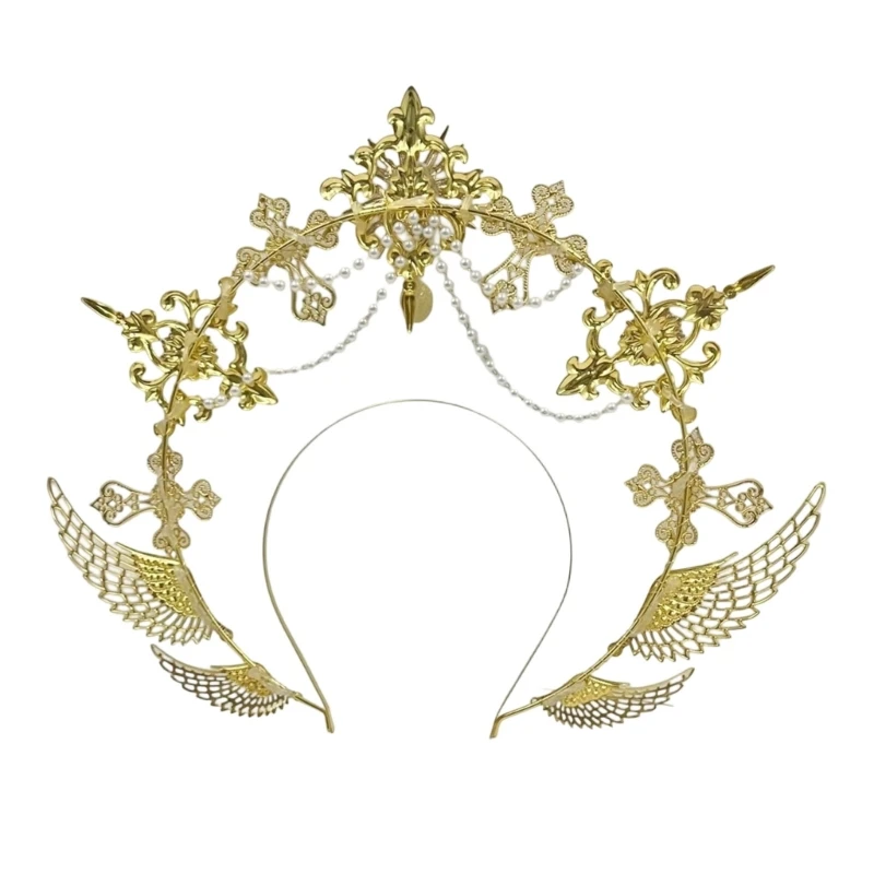 Фото Y3NE Angel Halos Crowns Marys Goddesses повязка на голову золотые диадемы Короны Лолита Косплей Хэллоуин Костюм Головной убор №5