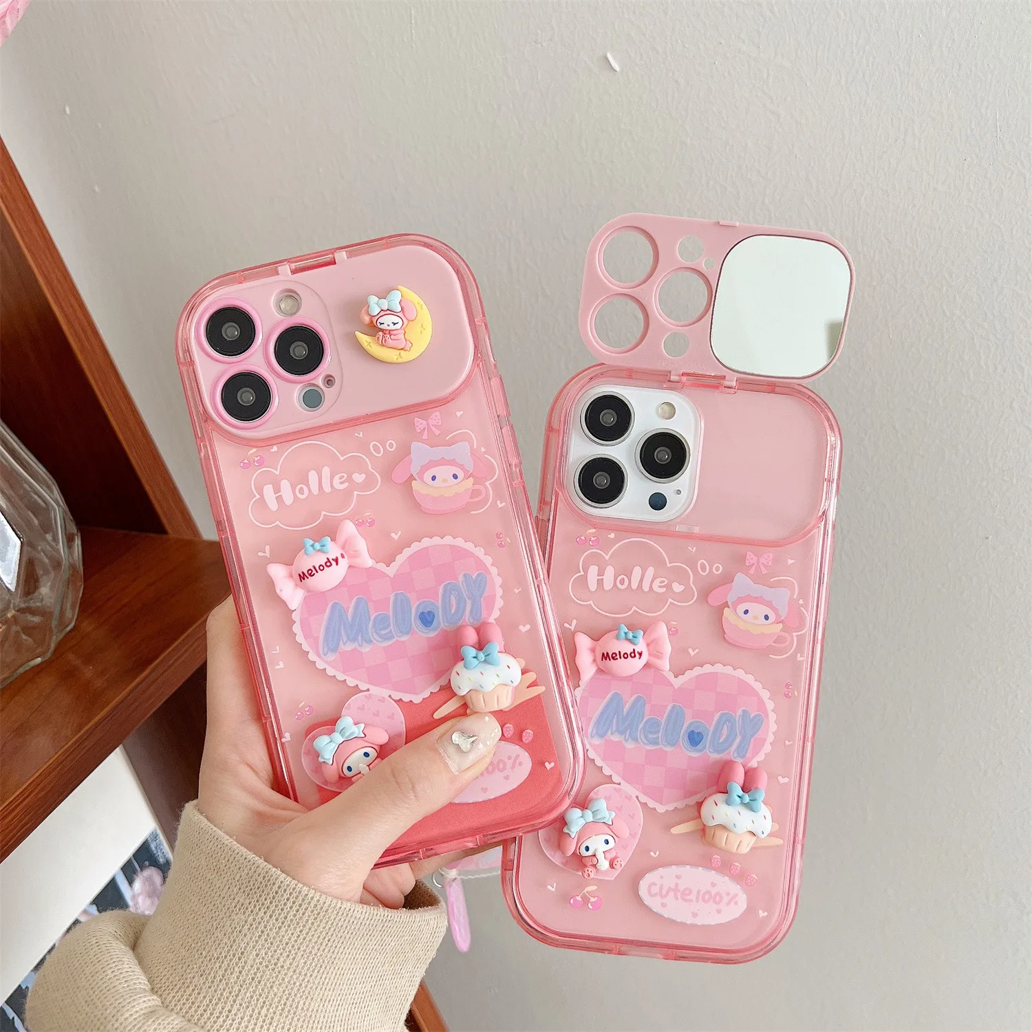 

3D Cartoon Sanrio Mymelody with Pendant Mirror Phone Case for IPhone 14 13 12 11 Pro Max X XR XS MAX Plus Anti-fall Back Cover