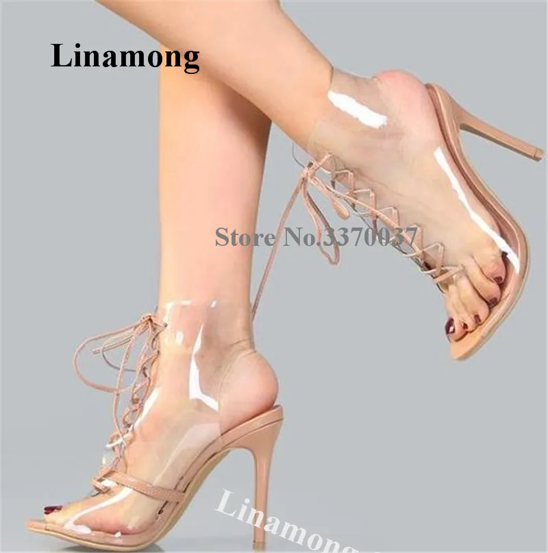 

PVC Sandals Linamong Newest Peep Toe Clear Transparent Patchwork Nude Stiletto Heel Sandals Peep Toe Lace-up PVC High Heels