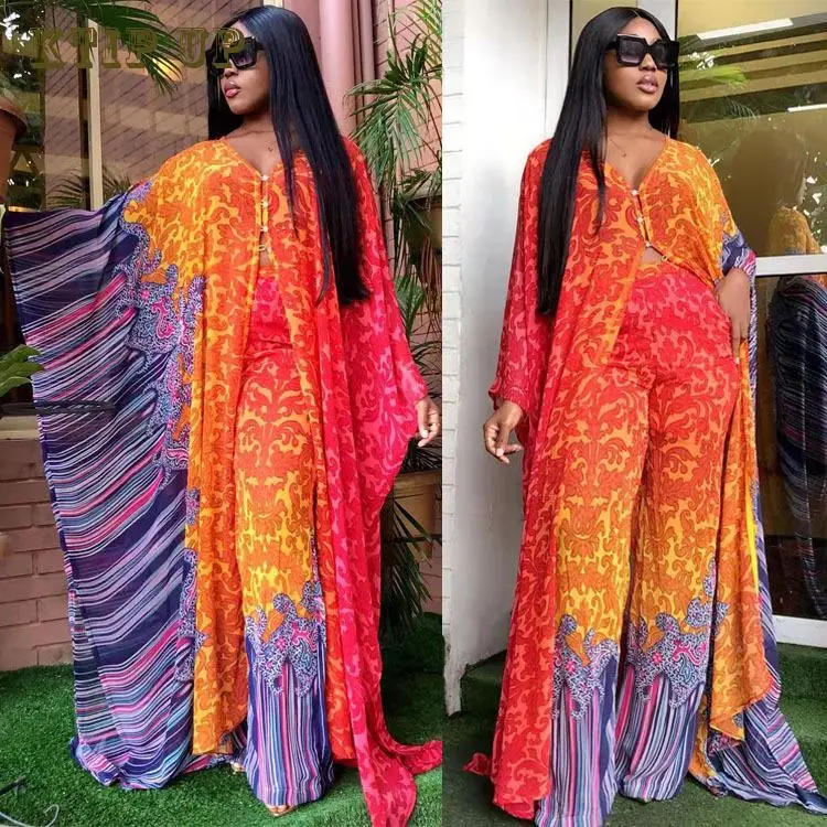 

African Clothes For Women Summer Fashion African Women V-neck Polyester Printing Two Pieces Sets Top And Long Pant African Suit