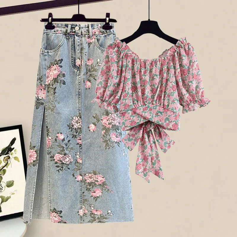 Women Summer Sweet Pink Print Skirts Two Pieces Set Korean Puff Sleeve Bandage Floral Top And Side Split Retro Denim Skirts Sets