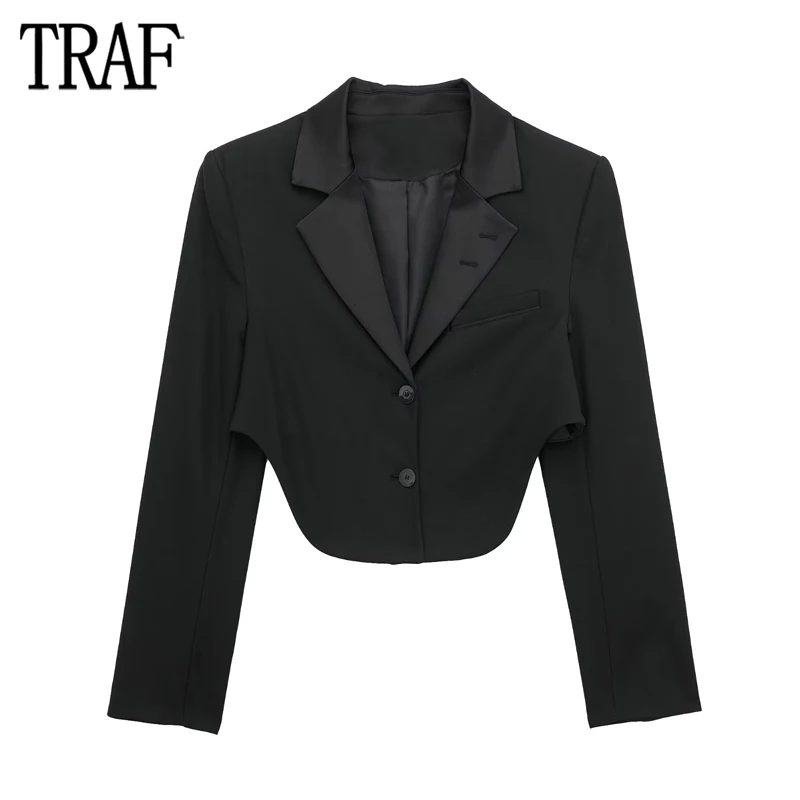 

TRAF Black Cropped Blazer Woman Asymmetric Satin Jacket Women Shoulder Pads Winter Blazer Women Long Sleeve Jackets for Women
