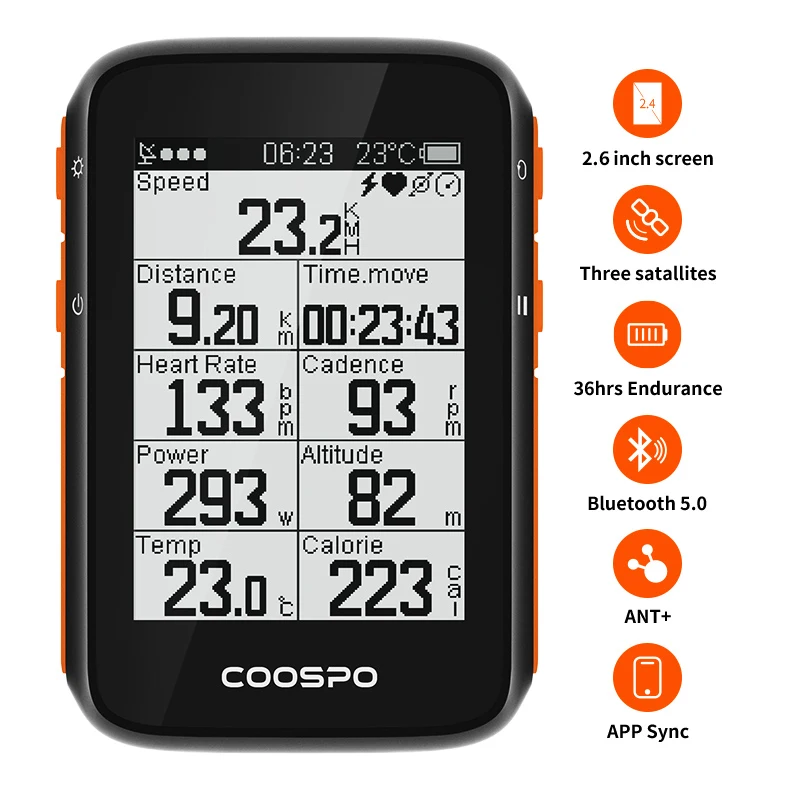 

CooSpo BC200 Wireless Bicycle Computer GPS Bike Speedometer Cycling Odometer 2.6in Bluetooth5.0 ANT+ APP Sync Slope Altitude