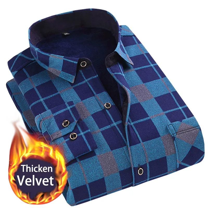 

Men's Long Sleeve Plaid Warm Thick Fleece Lining Shirt Fashion Soft Business Casual Flannel Dress Shirt Camisa Social Masculina