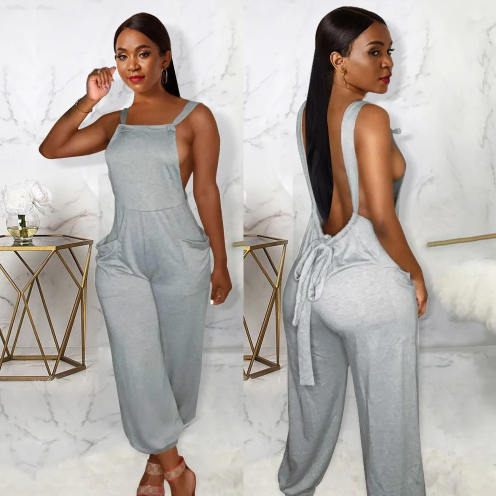 

Fashion Design Grey Sling Strapless Backless Trendy Loose Trouser Stretch Pockets Women Jumpsuit