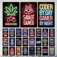 retro tin sign neon art gamer boy playing games eating painting home living room decor unique metal sign board
