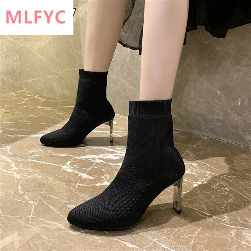 

Женские ботинки-носки с острым носком на толстом каблуке Новинка Осень-зима 2022 эластичные ботинки на высоком каблуке шерстяные ботинки модные короткие ботинки