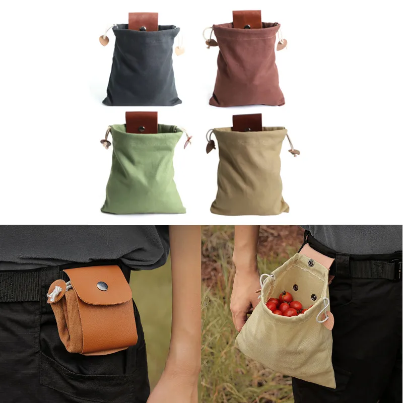 

Multi-functional Portable Hiking Foraging Outdoor Camping Leather Looping Bundle Mouth Foldable With Button Storage Canvas Bag