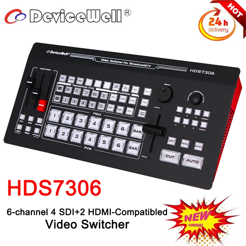 Супер мини-переключатель DeviceWell HDS7306 6-канальный 4 SDI + 2 HDMI-совместимый видеопереключатель для медиа-видео прямой трансляции Instagram ТВ