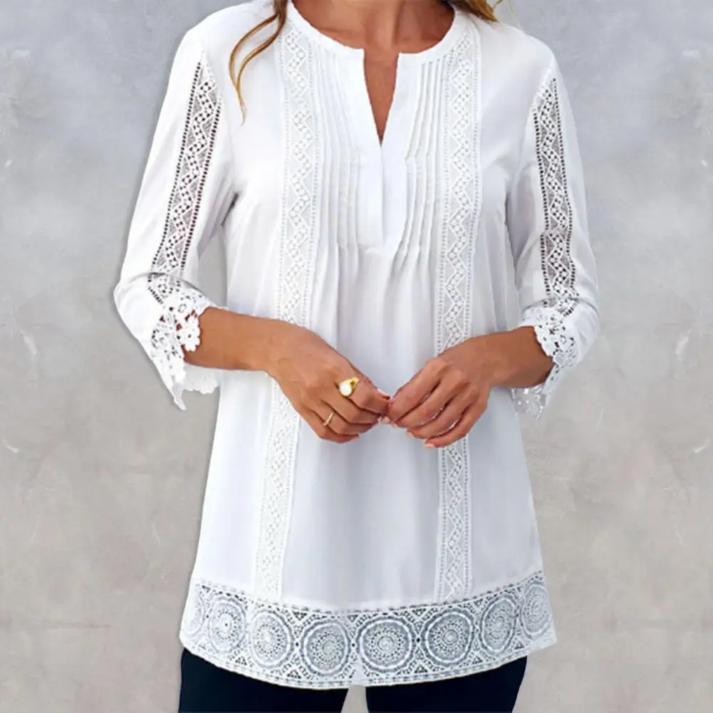 

Spring Autumn Lace Patchwork Women Blouse Solid Color Ninth-length Sleeve Pleated Women Shirt Soft Loose O-neck Pullover Shirt
