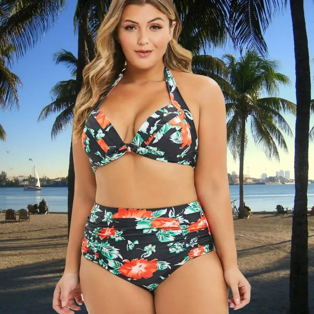 Women Shorts Oversize Two-Piece Orange Flower Swimwear Set Black Sexy Tummy Control Bikini Summer Beachwear