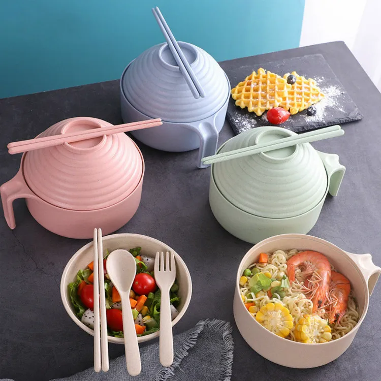 

1Set Cute Noodles Bowl with Lid Handle Dinnerware Wheat Straw Style Soup Bowl Microwavable Bowl