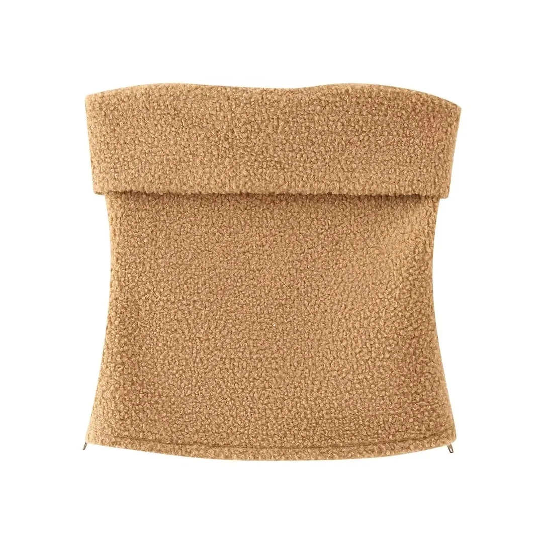 

TRAF Woolen Strapless Top For Woman Sexy Straight Neck Off Shoulder Tops 2023 New Elegant Side Zipper Hem Vest Women Clothing