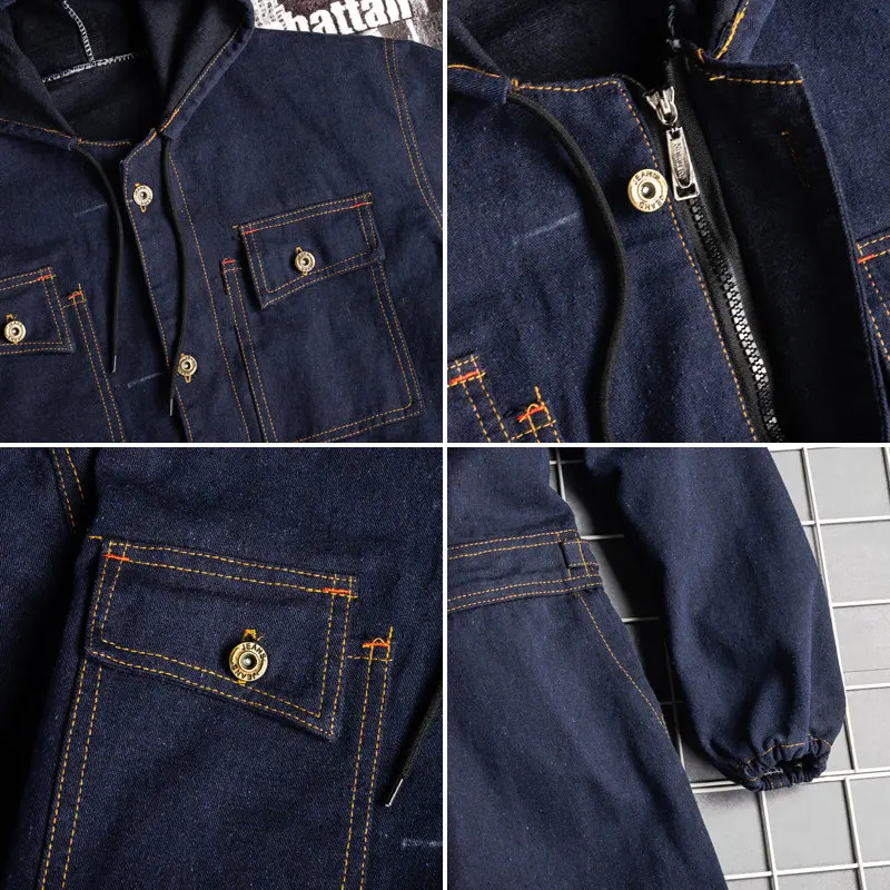 Джинсовый комбинезон мужской с капюшоном джинсовый длинным рукавом