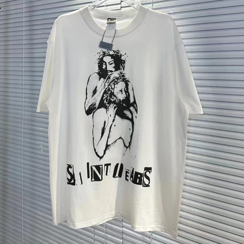 

Saint Michael T-shirt High Quality Hip Hop Vintage Monogram Print Short Sleeve T Shirt Real Photos Men's Women's Top Tee