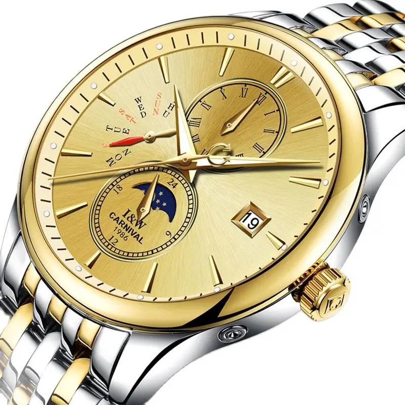 

Switzerland I&W Carnival Luxury Brand Automatic Mechanical Men's Watcher Sapphire Moon Phase Luminous Multi-function Clock C8732