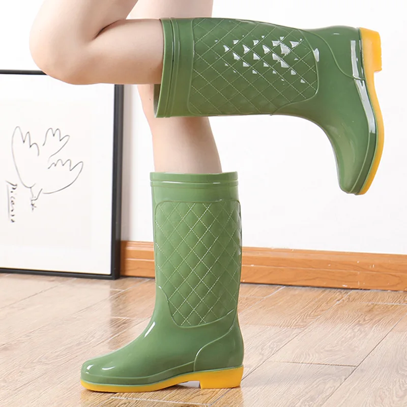 Fashion High Tube Rain Boots Women's Flat Platform Mid-Calf Work Water Shoes Non-slip Waterproof Knee-High PVC Shoes