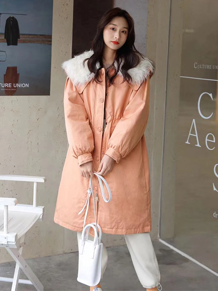 

Winter Women 90% White Duck Down Coat Female Lamb Wool Turn-down Collar Long Puffer Jacket Casual Loose Thick Warm Parkas