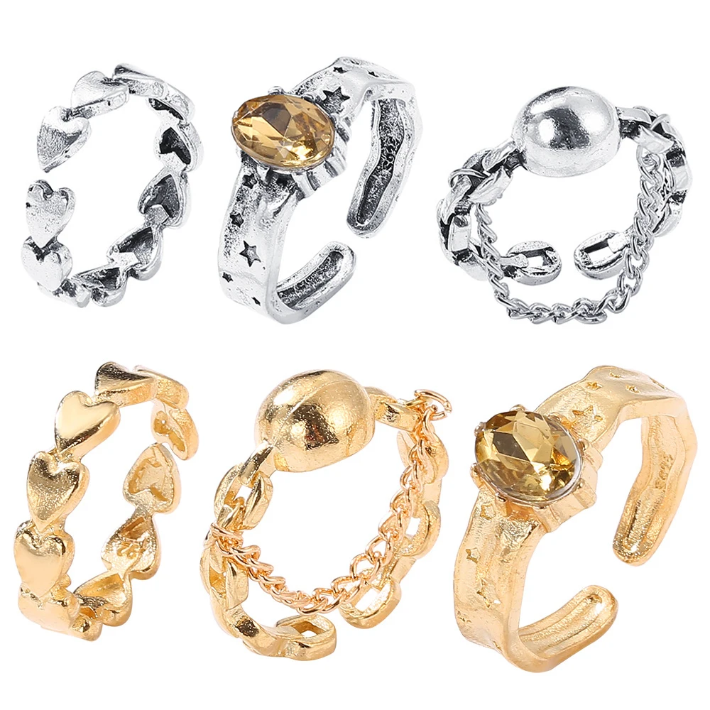 

5pcs Korea Punk Love Heart Ring Set Personality Temperament Zircon Silver Color Geometric Rings for Women Fashion Goth Jewelry