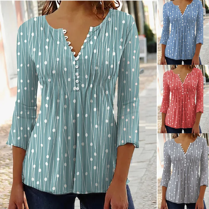 Free Shipping Spring Women's Long-sleeved V-neck Shirt Elegant Striped Polka Dot Print Top Simple Summer Three-quarter Sleeve