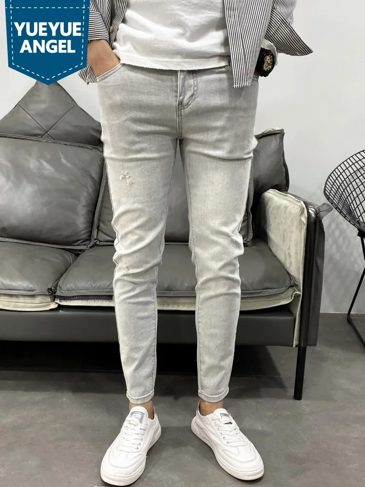 Fashion Hole Ripped Slim Fit Stretch Pencil Pants Summer New Casual Denim Trousers Streetwear Zipper Skinny Jeans Male 27-38