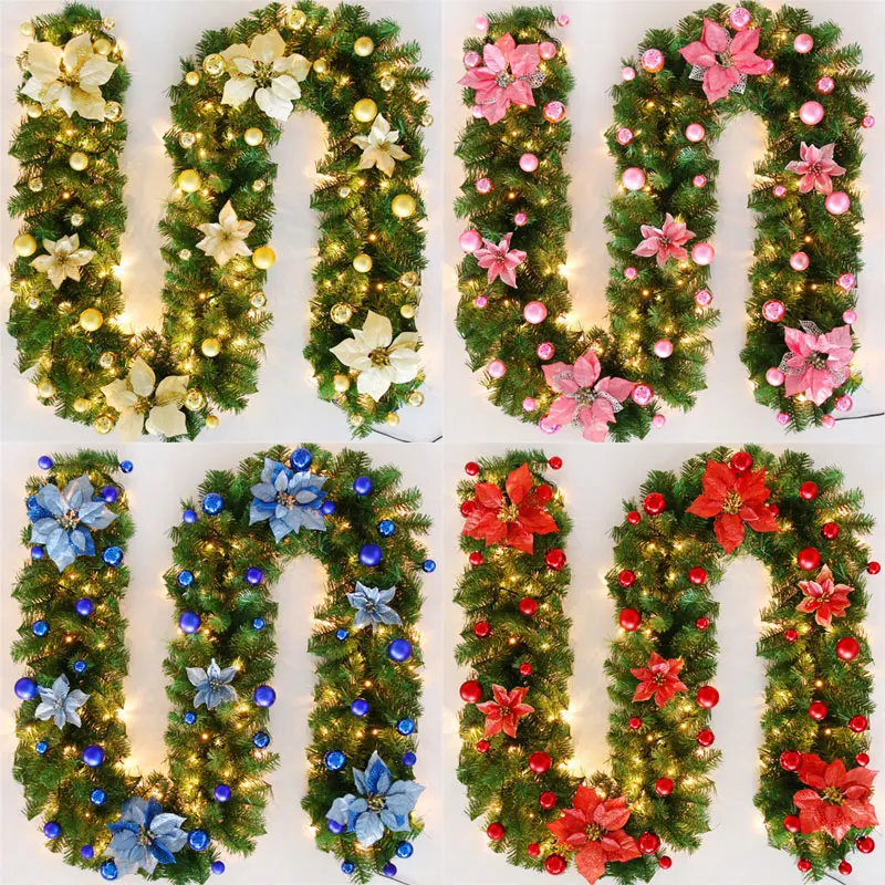

2.7 M Christmas LED Rattan Garland Decorative Artificial Flower Pine Tree Ornament Xmas Party Home Fireplace Door Stairs Decor