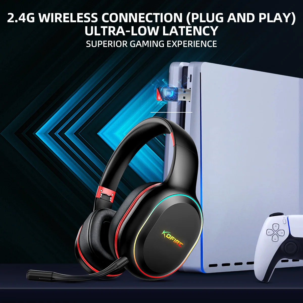 Фото Игровая гарнитура Picun UG-05 2.4G с проводным подключением, микрофоном, 40-мм динамиками и объемным звуком 7.1, накладные наушники для ПК, PS4, PS5. №5