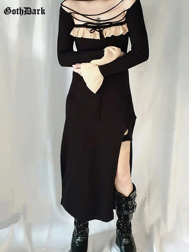 

Goth Dark Bandage Hollow Out Mall Gothic Midi Dresses Y2k Cute Ruffles High Split egirl Dress Women Long Sleeve Ribbed Partywear
