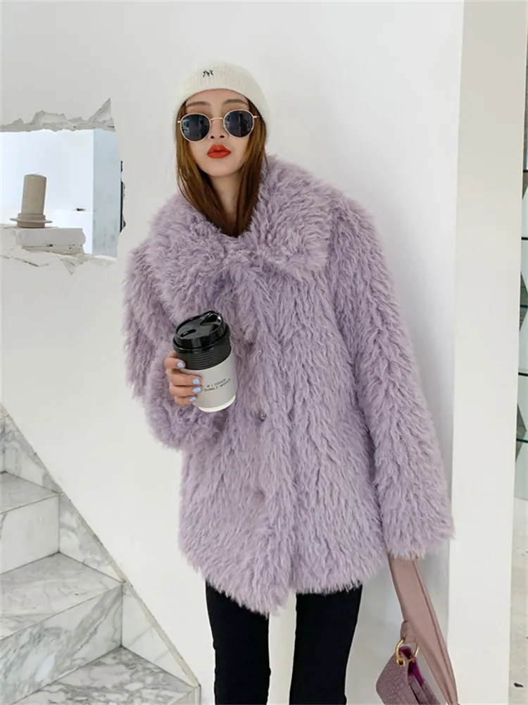 Elegant Violets Fur Coat Women Winter New Imitation Lamb Wool Coat Fashion Streetwear Lapel Single-breasted Jacket LR2340