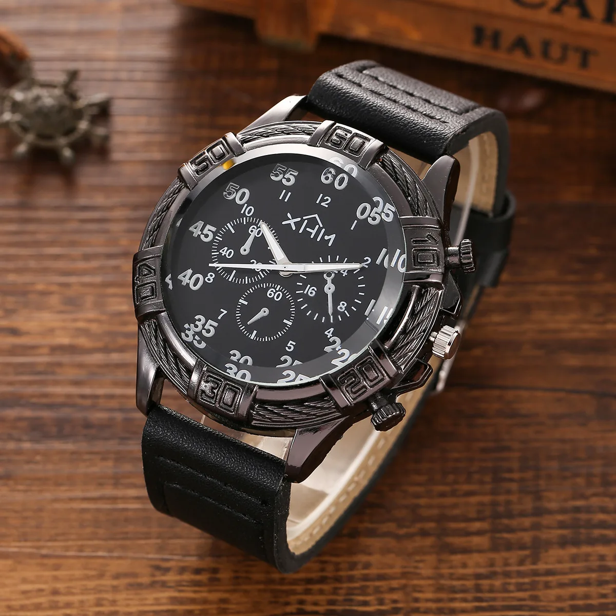 3pcs/set Fashion Casual Business Match Large Dial Belt Quartz Watch Plus Bracelet Set Holiday Birthday Business Gift for Men