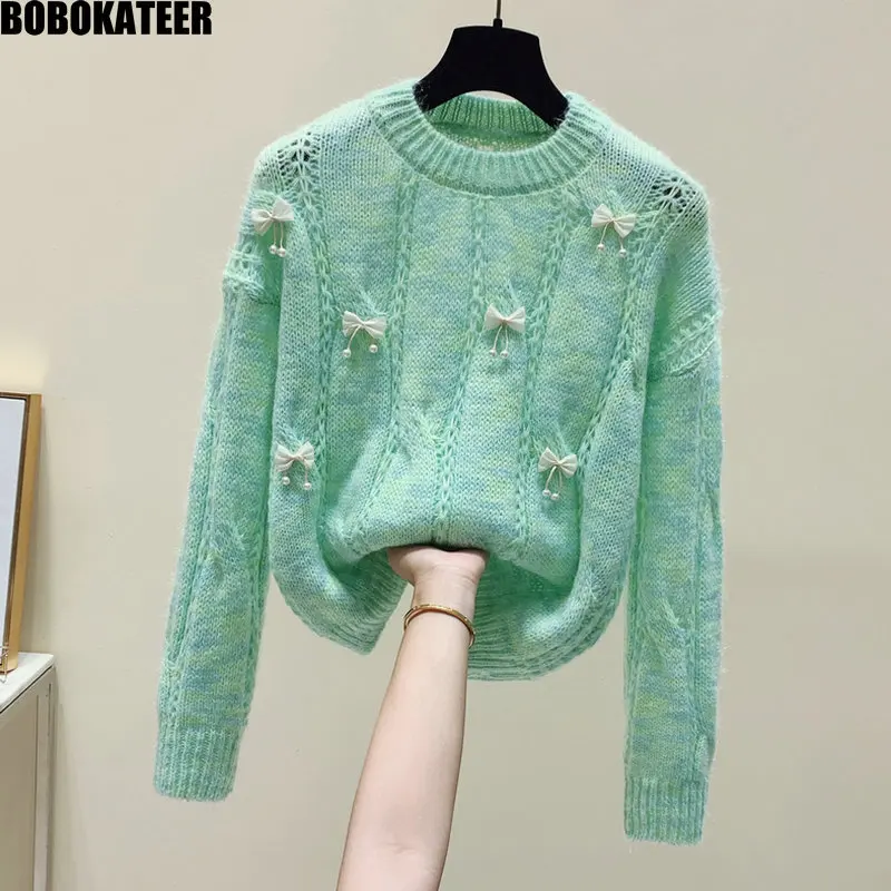 

BOBOKATEER Sweater Women Clothing Green Knitted Pullover Long Sleeve Tops Cute Pink Sweaters Korean Style Autumn And Winter 2022