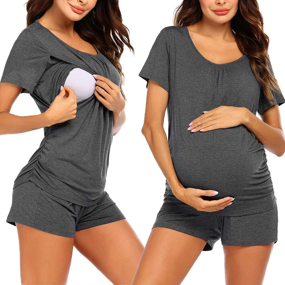 

Maternity Clothes Sets For Tops Pants Summer Woman Breastfeeding Short Sleeve T-Shirts Adjustable Waist Shorts Two Piece Set