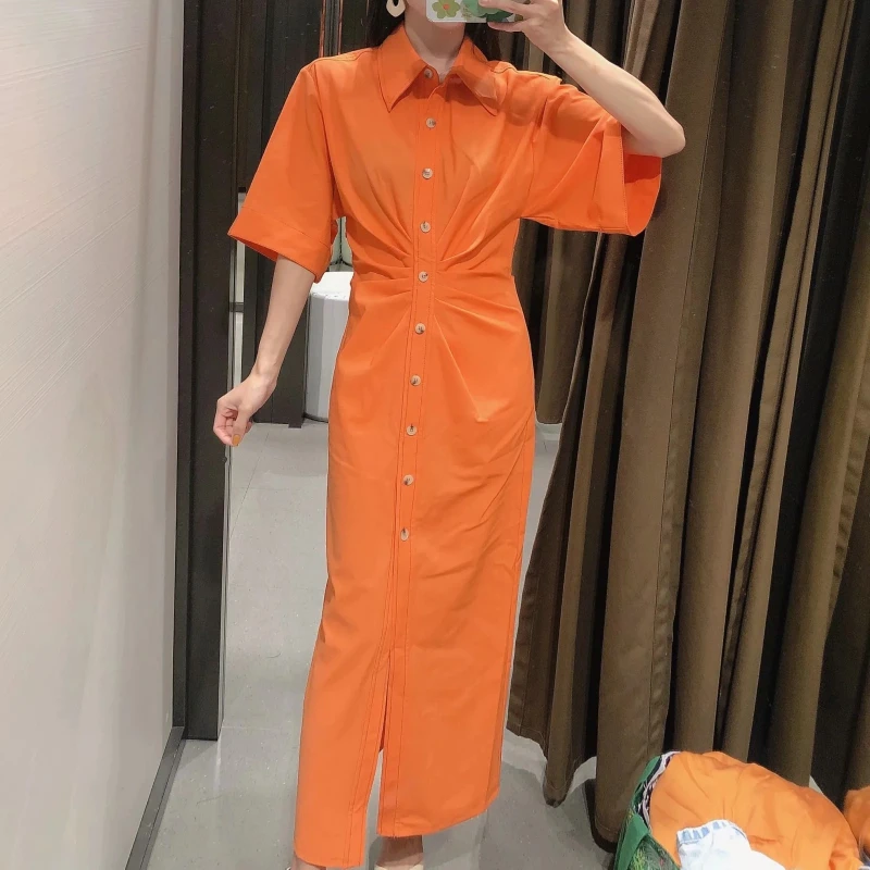 

Women Elegant Chic Fashion Button-up Draped Midi Shirt Dress Vintage Short Sleeve Side Zipper Female Dresses Vestidos