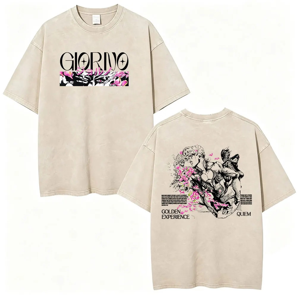 Фото Винтажная футболка с принтом «Аниме Jojo Bizarre Adventure Killer Queen Giorno Giovanna» для мужчин, повседневная, оверсайз, с короткими рукавами №3