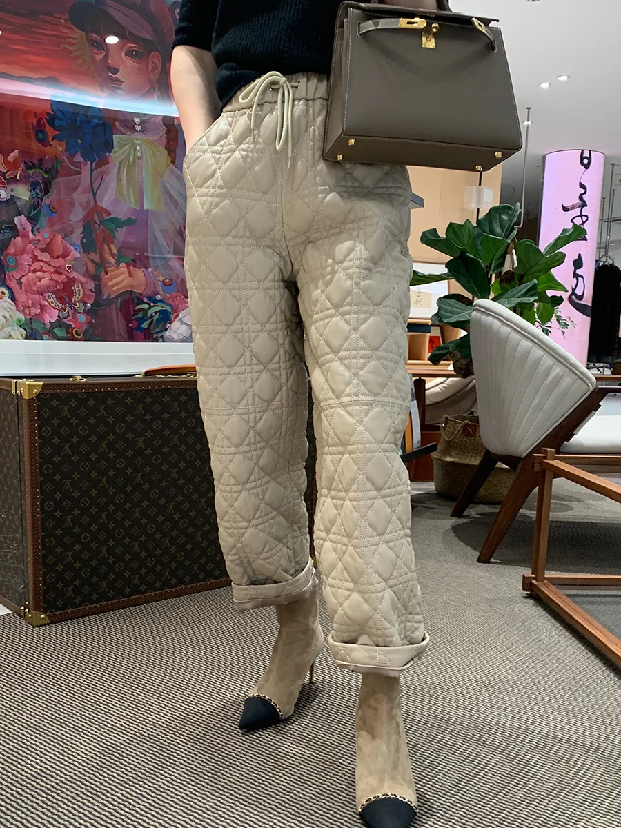 

2023 Women New Genuine Sheepskin Leather Pants Elastic Waist Drawstring Casual White Goose Down Straight Leg Pants E71