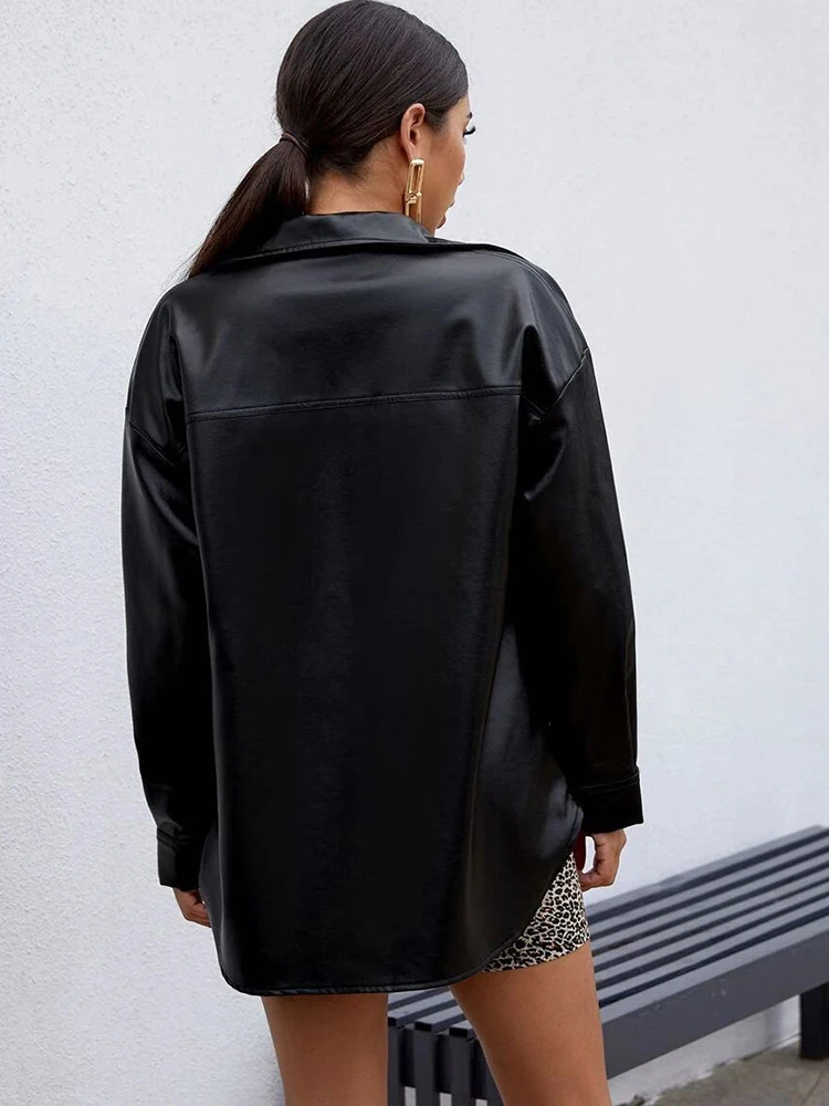 Autumn Faux Leather Shirt Jacket Women Moto Biker Jacket Casual Button Long Pu Leather Coats Ladies Loose Black Streetwear 2022